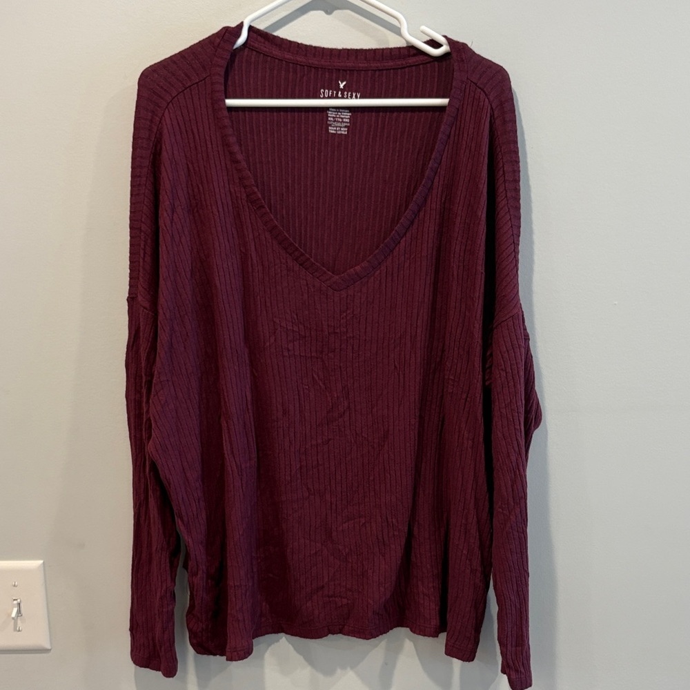 Deep Maroon V-Neck Blouse by Aerie